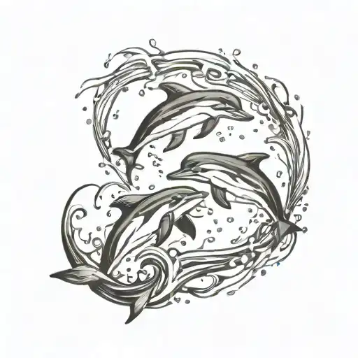 dolphins, yin and yang, splash water, text logo mariana, tex logo luciano, black and white tattoo design idea