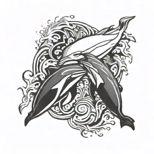dolphins, yin and yang, splash water, text logo mariana, tex logo luciano, black and white tattoo design idea