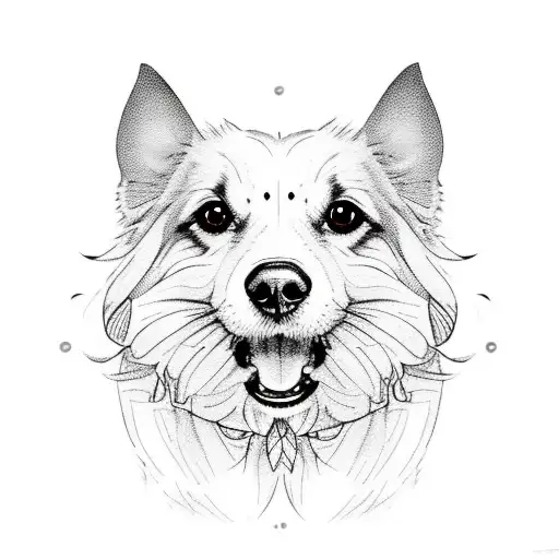 Whimsical dog portrait with vibrant patterns and flowers tattoo design idea