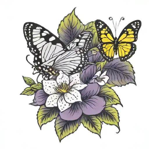 African violet and butterfly  tattoo design idea