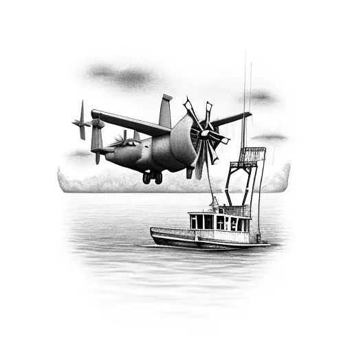 A C-130T flying over a fishing boat on the water tattoo design idea