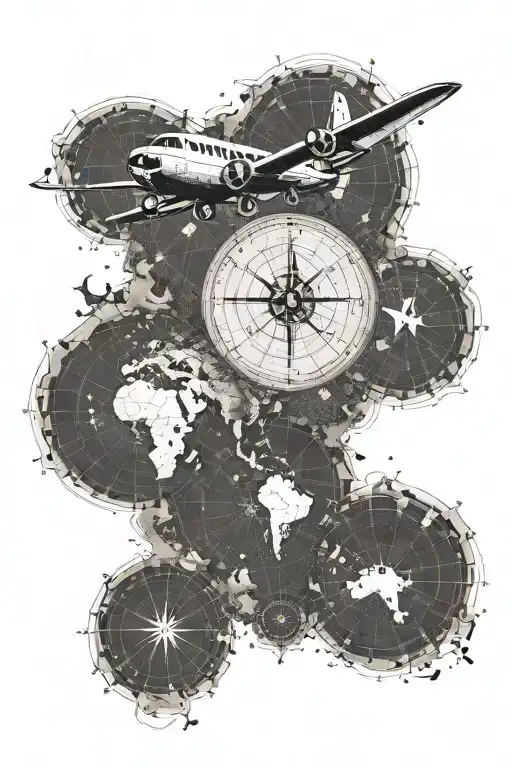 A vintage airplane flying over a detailed map of the world, with a compass rose in the background tattoo design idea