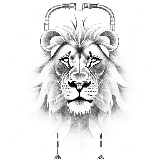 A fire-breathing lion with musical notes in mane and eagle in the background  tattoo design idea