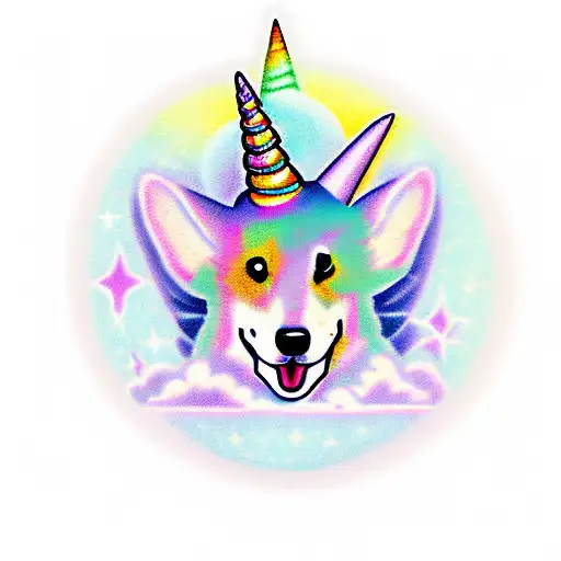 Corgi unicorn, magical, purple, with a banner that says "UniCorgi" tattoo design idea