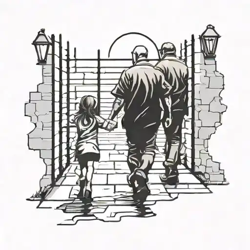 father and daughter shadow walking prison Lost time tattoo design idea