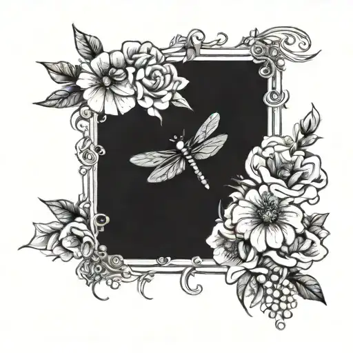 flower bouquet with Dragonfly flying danety tattoo design idea