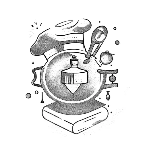 A magical potion bottle with a chef's hat and a wand inside, surrounded by cooking utensils and ingredients tattoo design idea