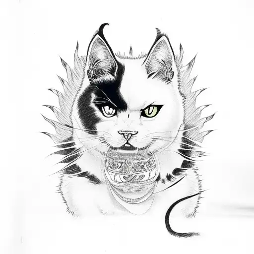 Sketch "Yakuza Calico Cat Looking Mean" Tattoo Idea BlackInk AI