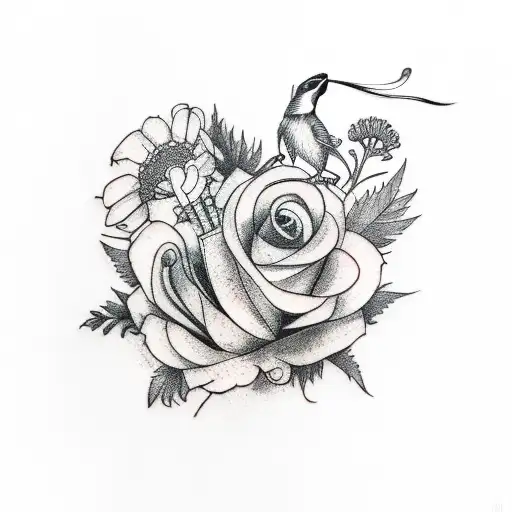 arm tattoo with cilantro, flowers, a rat and a chickadee  tattoo design idea