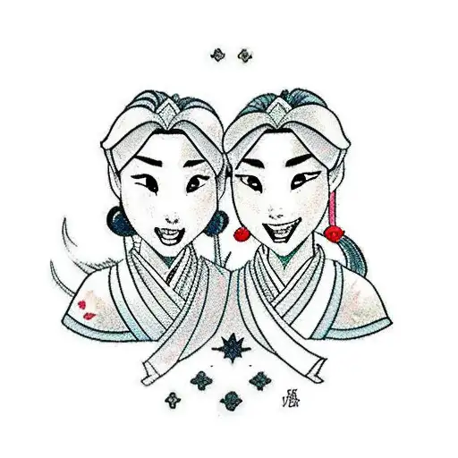 A traditional-style tattoo of Mulan and Sailor Moon standing together, both wearing Breast Cancer ribbons tattoo design idea