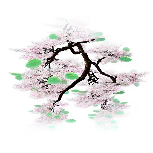 A Japanese sakura tree with oni masks hanging from the branches tattoo design idea