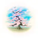 A Japanese sakura tree with oni masks hanging from the branches tattoo design idea