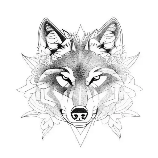 wolf, flowers tattoo design idea