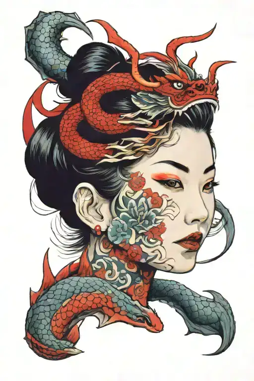 head of girl with red dragon around her  face  tattoo design idea