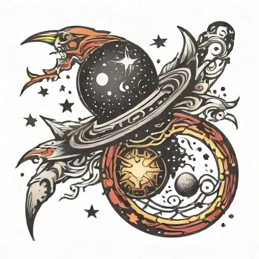 A traditional tattoo of a galaxy with hidden horror elements and mythological symbols scattered throughout tattoo design idea