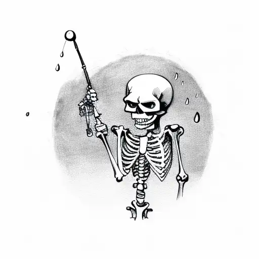 skeleton with rain under the umbrella with a Gun in his hand  tattoo design idea