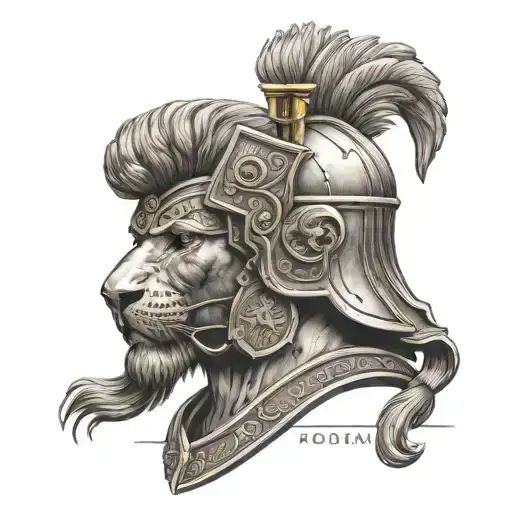 Roman general with lion helmet and the phrase factu, non verba tattoo design idea