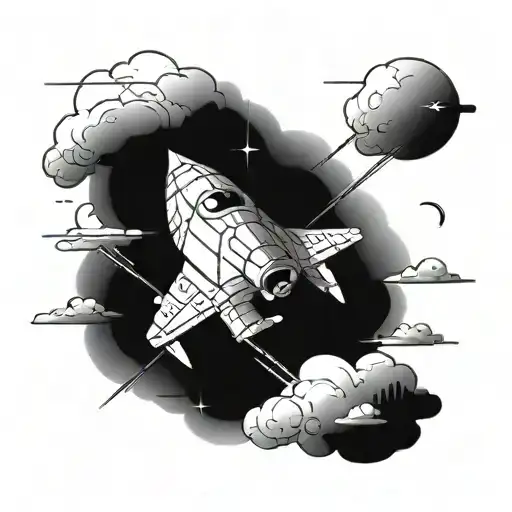 A tattoo of a futuristic anime spaceship flying through the clouds, symbolizing your love for aviation and anime tattoo design idea