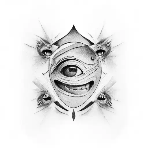 Create a tattoo of 3 masked faces one smiling on with a straight face and one with hand covering the face but the eye is tattoo design idea