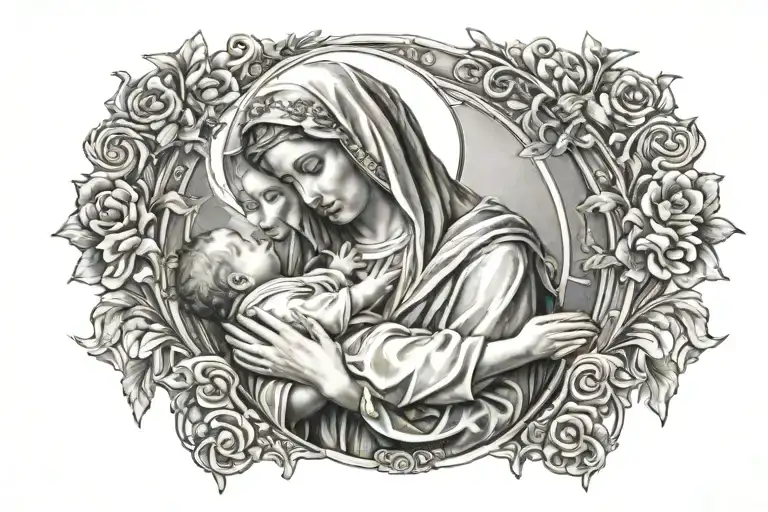 Virgin mary holding child tattoo design idea