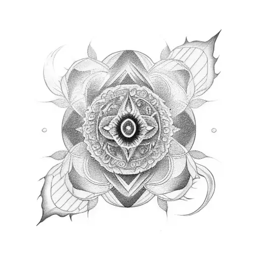 A black and grey tattoo of a yin-yang symbol with a marijuana leaf and a lotus flower tattoo design idea