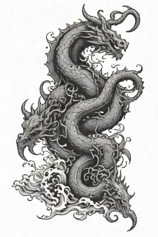a capricorn with a scorpion's tail from which a drop of blood hangs. Behind it a rising wall of waves. Three hidden star tattoo design idea