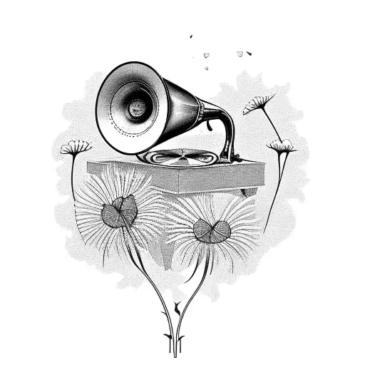 A vintage gramophone with roses and dandelions growing from it tattoo design idea