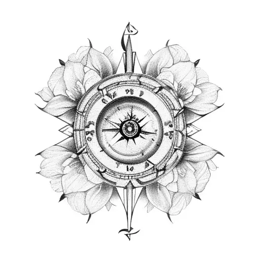An antique compass with a peony and daffodil bouquet surrounding it tattoo design idea
