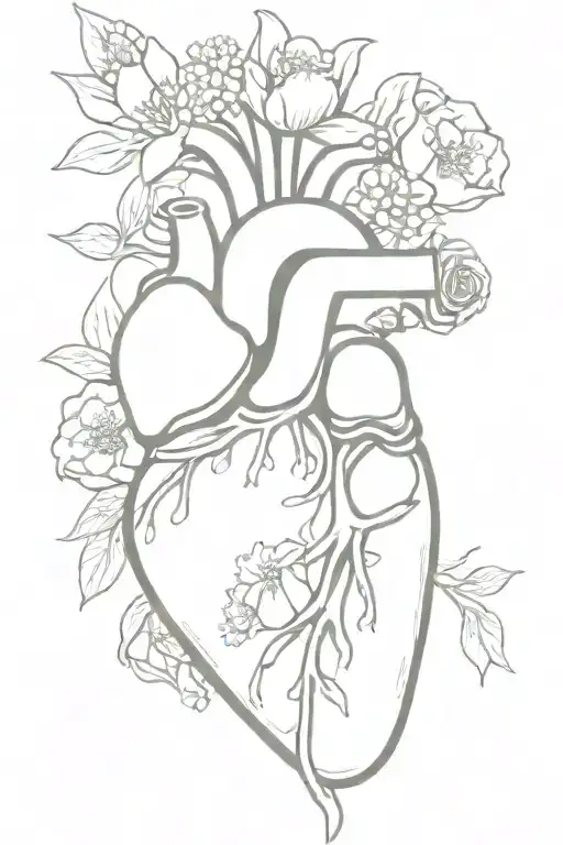anatomical heart with flowers coming out of the valves - daffodil, daisy, lily of the valley, rose, morning glory  tattoo design idea