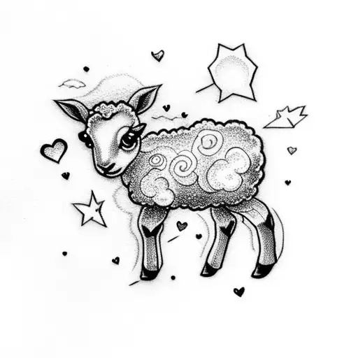 cute full little lamb, little hearts, stars tattoo design idea