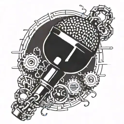 A vintage microphone intertwined with motorcycle chains, surrounded by pixelated game characters, and a subtle programming code pattern in the background tattoo design idea