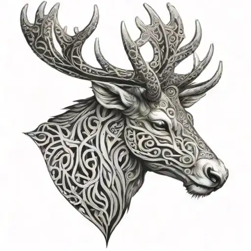 A majestic stag with intricate Celtic patterns intertwined in its antlers tattoo design idea