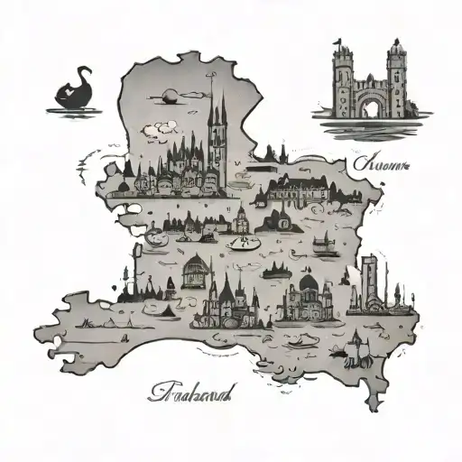 A map of Ireland with notable landmarks and symbols representing different cities tattoo design idea