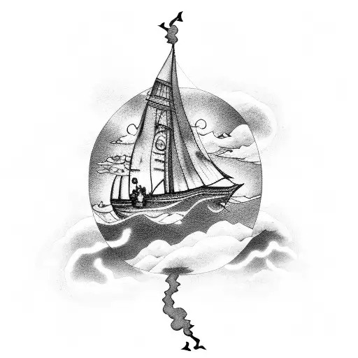 A detailed black-grey tattoo illustrating Luffy, Zoro, and the Going Merry sailing through the sky, surrounded by clouds and lightning bolts, symbolizing their boundless adventures. tattoo design idea