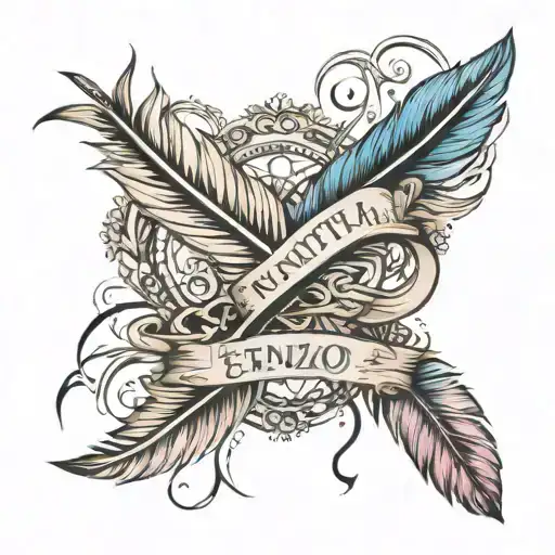 feather and infinity symbol first name Enzo and Monica tattoo design idea