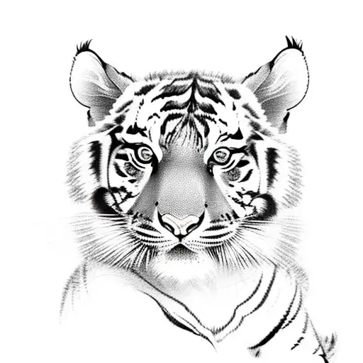 An intricate sketch of a playful tiger cub surrounded by bamboo leaves tattoo design idea