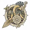 Egyptian god Thoth surrounded by compass  tattoo design idea