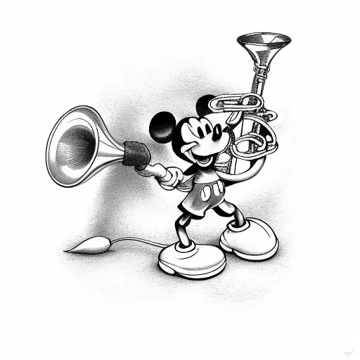 Mickey mouse with a blue French horn and a yellow umbrrella tattoo design idea