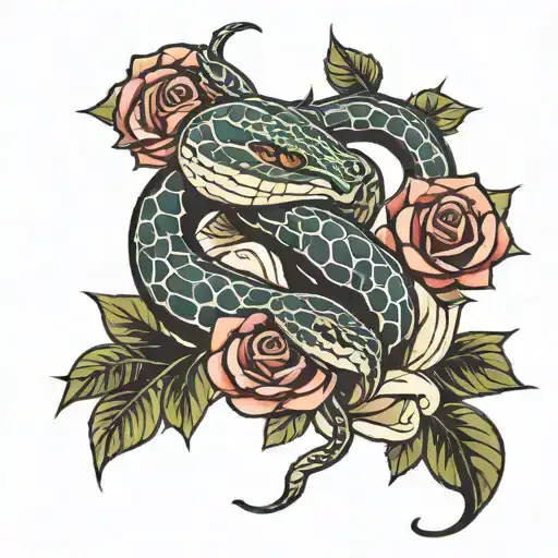 snake and roses tattoo design idea