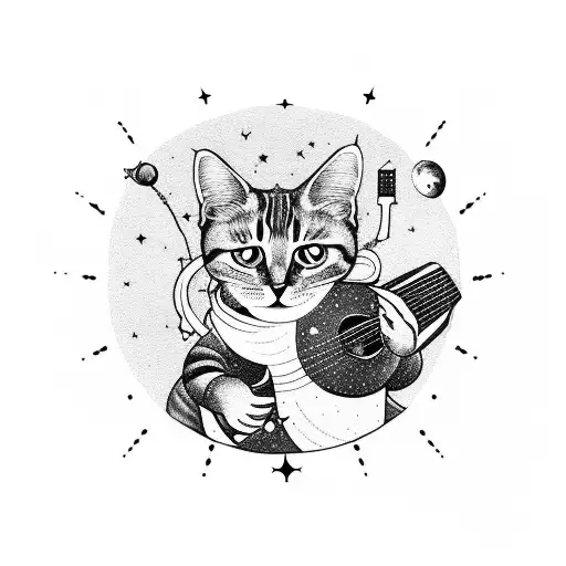 A cosmic cat playing a guitar in outer space tattoo design idea