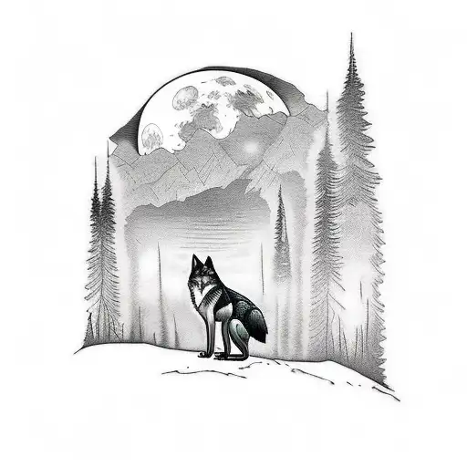 tattoo sleeve with wolf standing at lake in front of a forest with a full moon in the sky tattoo design idea