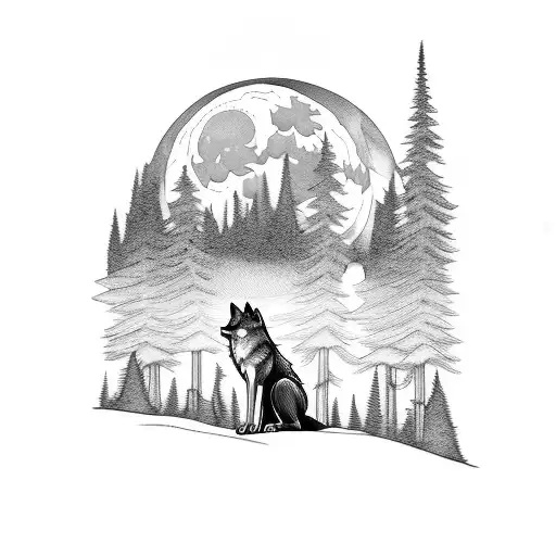 tattoo sleeve with wolf standing at lake in front of a forest with a full moon in the sky tattoo design idea