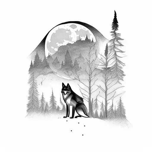 tattoo sleeve with wolf standing at lake in front of a forest with a full moon in the sky tattoo design idea