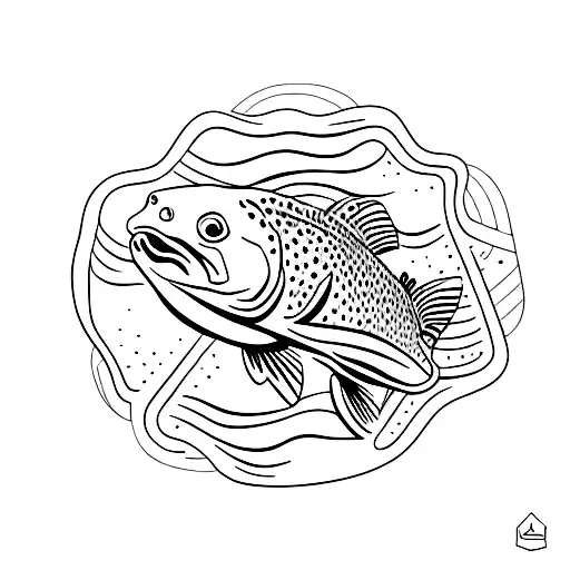 A detailed illustration of a brown trout jumping out of a river, done in dotwork style tattoo design idea
