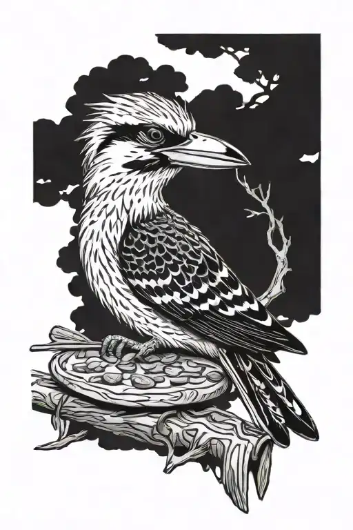 Cartoony Kookaburra eating a pizza on a branch tattoo design idea