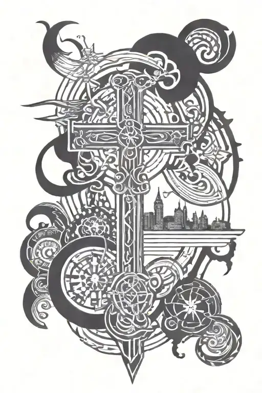 Create a unique tattoo design featuring a biblical quote intertwined with elements of the Baltimore skyline tattoo design idea