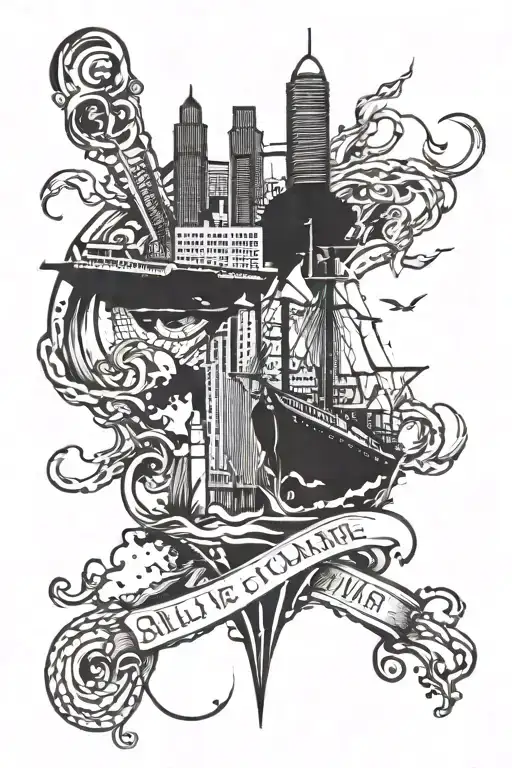 Create a unique tattoo design featuring a biblical quote intertwined with elements of the Baltimore skyline tattoo design idea
