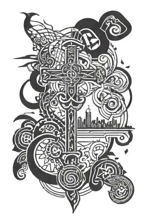 Create a unique tattoo design featuring a biblical quote intertwined with elements of the Baltimore skyline tattoo design idea