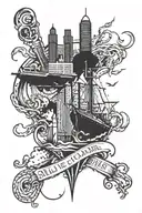 Create a unique tattoo design featuring a biblical quote intertwined with elements of the Baltimore skyline tattoo design idea