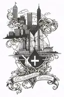 Create a unique tattoo design featuring a biblical quote intertwined with elements of the Baltimore skyline tattoo design idea